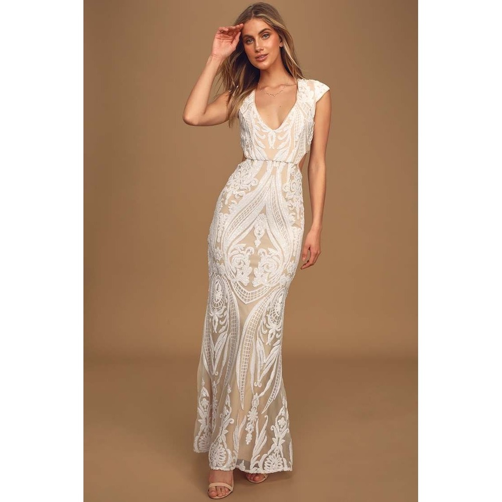 NWT Lulus Always Adored Sequin Cutout Mermaid Maxi Dress White‎ Tan Deep V S